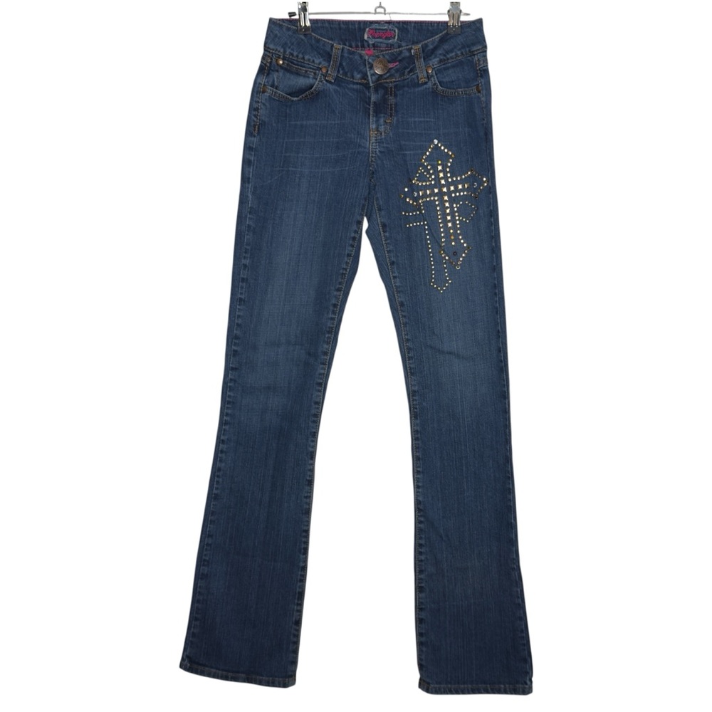 Wrangler Mae Low Rise Bootcut Razzle Dazzle Jeans Rhinestone Stud Cross Size 3/4